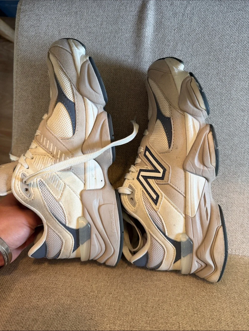 New Balance Sneakers in Cream and Gray with Navy Accents